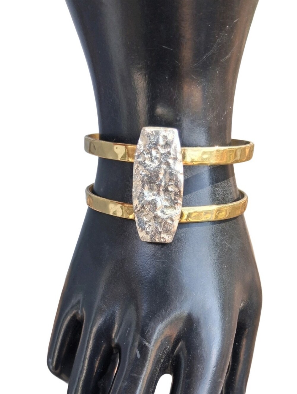 Rustic Cuff Mixed Metal Double Band Cuff Bracelet Hammered Silver Focal